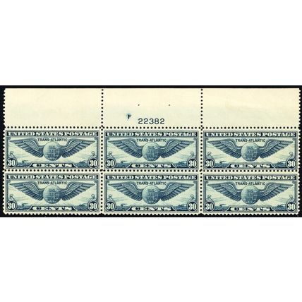 C24, Mint VF NH 30¢ Top Plate Block of Six Stamps - Stuart Katz