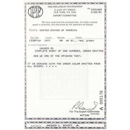 1338Fp, MNH 8¢ Green Slate Color Omitted Major Error With PFC Cert Stuart Katz