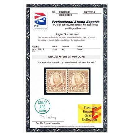 687, Mint NH 4¢ XF/Superb Coil Line Pair - PSE Graded 95 * Stuart Katz