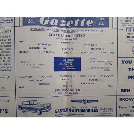 Colchester United v Bournemouth 1962 - 1963 Division 3 football programme