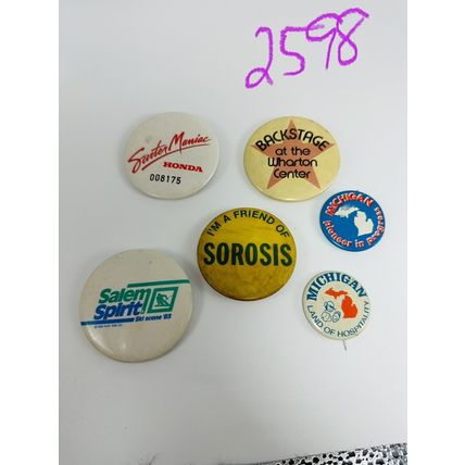 6Pc Lot VTG Buttons Pins Pinbacks Michigan, Wharton Center, Honda, Salem Spirit