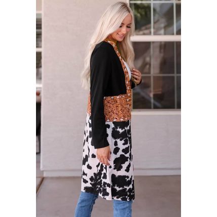Black Western Pattern Cow Patchwork Open Front Cardigan