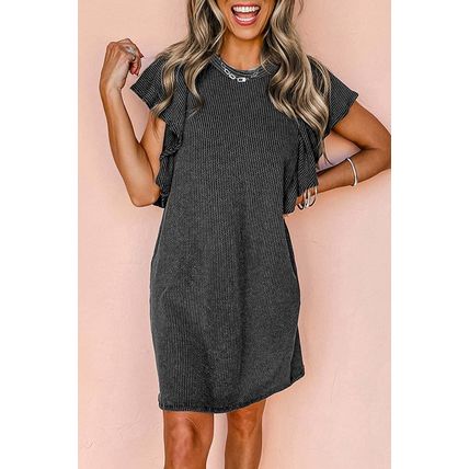 Black Textured Ruffled Flutter Sleeve Mini Dress
