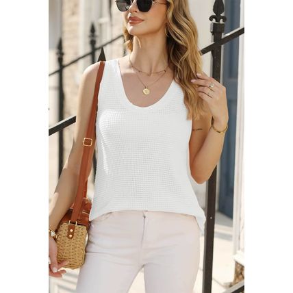 White Scoop Neck Waffle Knit Flowy Vest