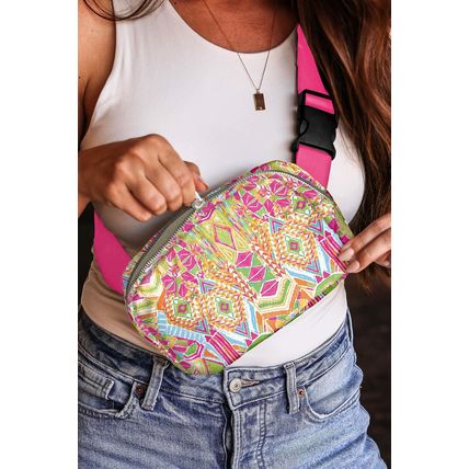 Rose Red Western Print Buckle Wide Belt Chest Bag