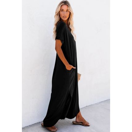 Black V Neck Hidden Pocket Splits Maxi T-shirt Dress