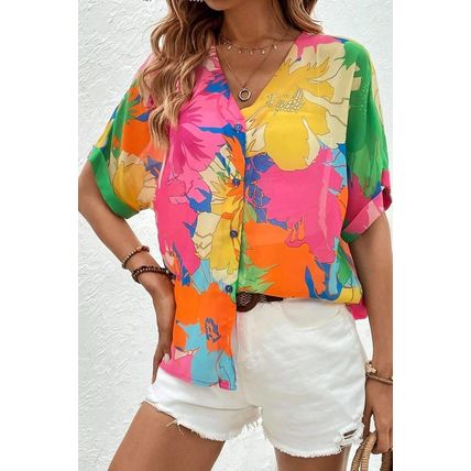 Multicolour Floral Print Folded Short Sleeve Shirt