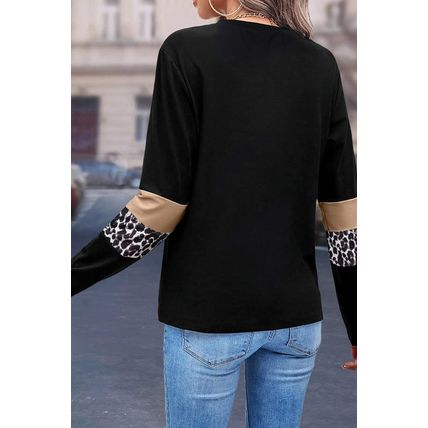 Khaki Leopard Colorblock Patchwork Crew Neck Long Sleeve Tee