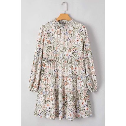 Green Floral Print Tiered Frilled Shirred Mock Neck Mini Dress