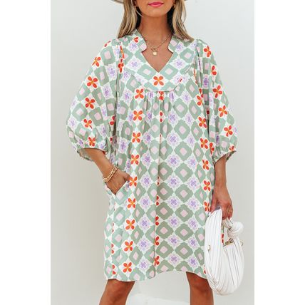 Green Geometric Floral Print 3/4 Sleeve Notched Neck Mini Dress