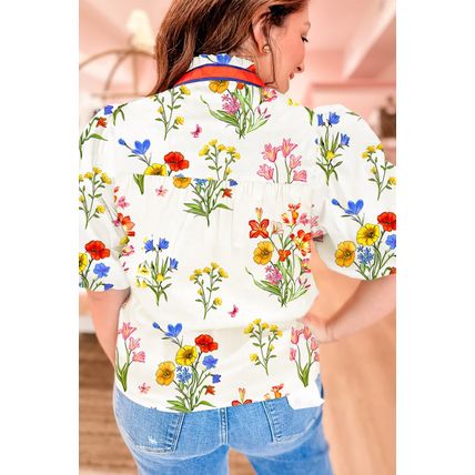 White Floral Short Puff Sleeve Contrast V Neck Print Blouse