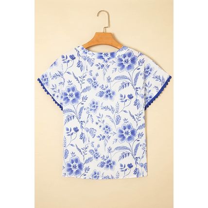 Blue Elegant Floral Print Ricrac Trim Short Sleeve Blouse