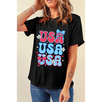 Black July 4th Cute Flower Bow USA Letter Graphic Tee