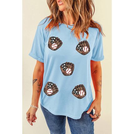 Light Blue Gopher Ball Sequin Patched Casual T Shirt