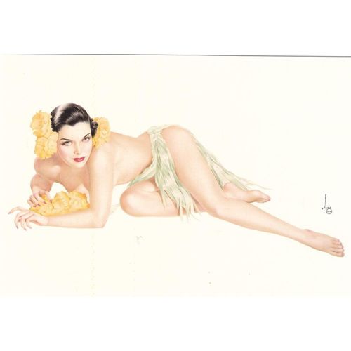 Artist Drawn 1940's Style Pinup Female Wearing A Grass Skirt Glamour Postcard