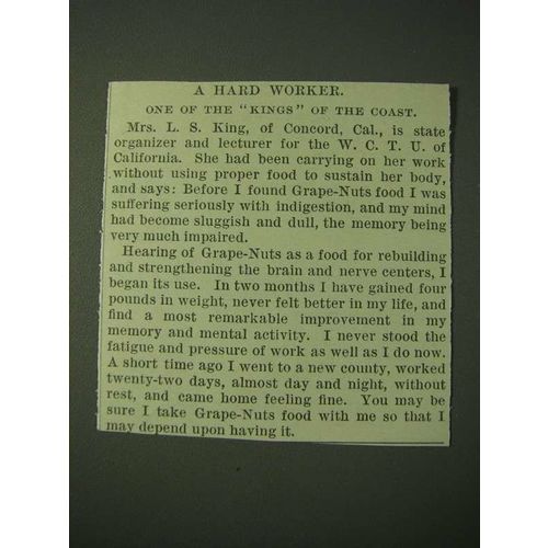 1900 Post Grape-Nuts Cereal Ad - A hard worker