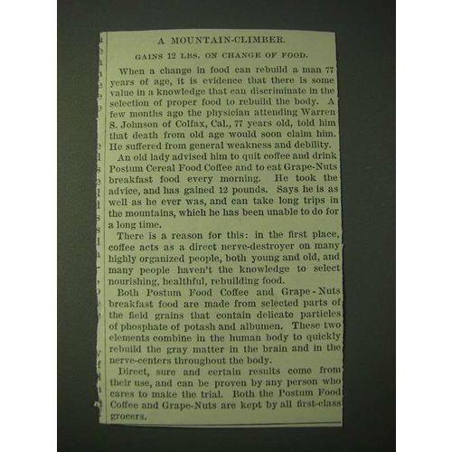 1900 Post Grape-Nuts Cereal Ad - A Mountain-Climber gains 12 lb. on change