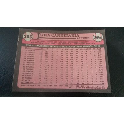1989 Topps Card # 285 John Candelaria Very Good-Excellent (4) New York Yankees