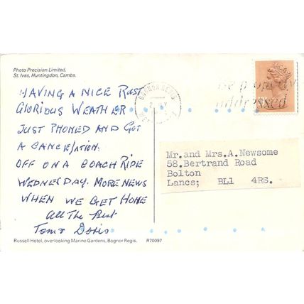 Russell Hotel Bognor Regis postcard posted 1985 crease
