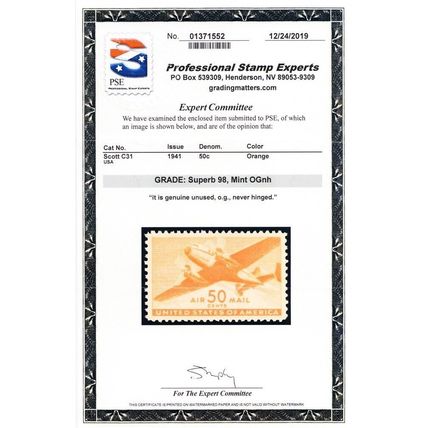 C31, Mint NH Superb 50¢ With Graded 98 PSE Certificate Stuart Katz