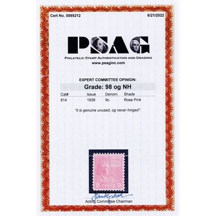 814, Mint Superb 9¢ With Graded 98 PSAG Certificate Stuart Katz