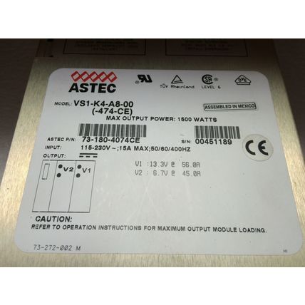 NEW ASTEC VS1-K4-A8-00-474-CE N40CP POWER SUPPLY,1500W,115-230VAC,15A,400HZ,BF