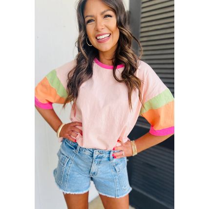 Women Oversized Color Block T-Shirt Casual Loose Crewneck Short Sleeve