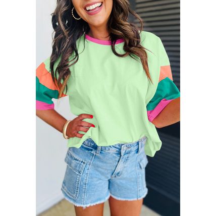 Women Oversized Color Block T-Shirt Casual Loose Crewneck Short Sleeve