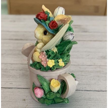 Vintage Bunny Rabbit Watering Can Lidded Trinket Box Tulips Roses Sun Bonnet Hat