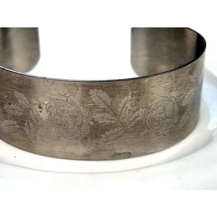 Wide Silver Tone Floral Cuff Bracelet, Etched Rose Botanical Bangle, Vintage