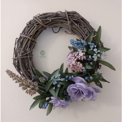 WOODVINE WREATH with PURPLE BLUE AND PINK FLOWERS