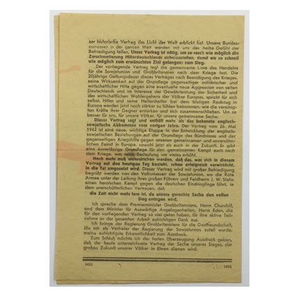 Original WW2 Soviet/Russian Air Drop Leaflet. - Code 1621 (and 1602). - 1942.