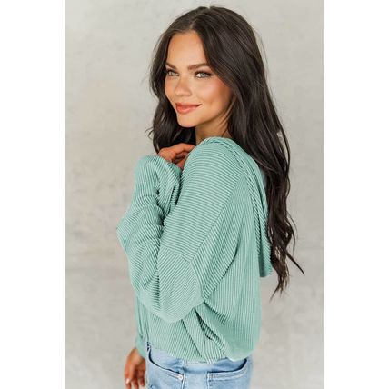 Green Loose Fit Ribbed V Neck Hoodie