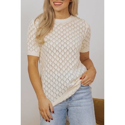 Beige Hollow Out Crochet O Neck Short Sleeve Sweater Tee