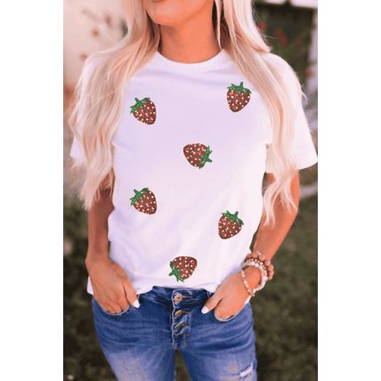 White Sequin Strawberry Patched Crew Neck T Shirt