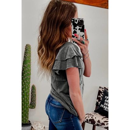 Dark Grey Layered Ruffle Short Sleeve Round Neck Top