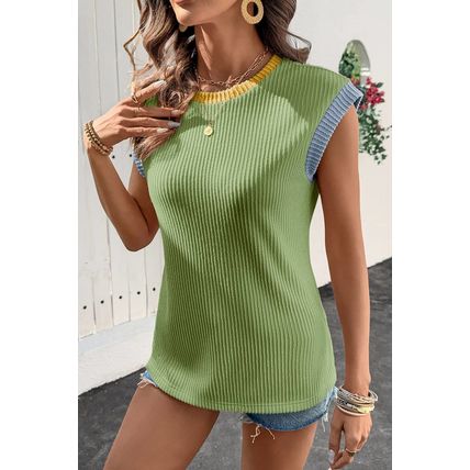 Grass Green Color Block Corded Knit Crew Neck Tee
