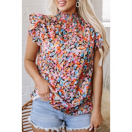 Orange Floral Print Flutter Sleeve Blouse Top