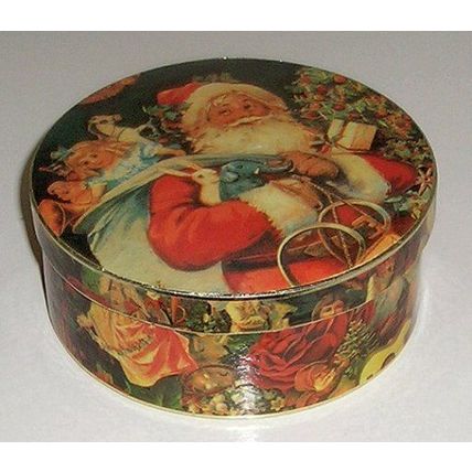 Decoupage Round Cardboard Gift Box with Victorian Santa Christmas display