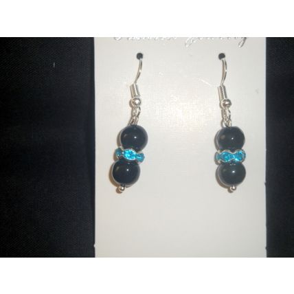 Asian style round solid black glass earrings with turquoise crystal