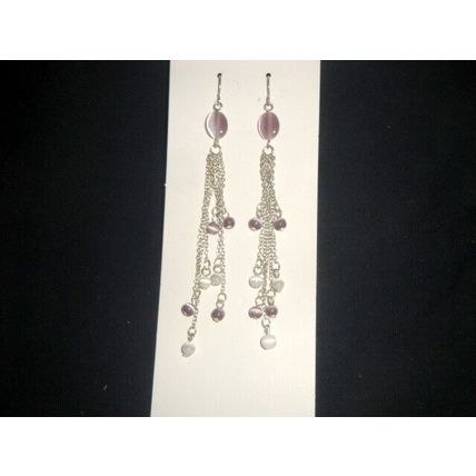 Delicate 3.5" base metal chain purple & white cats eye long dangle earrings