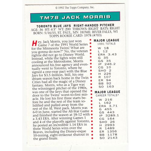 1992 Topps Magazine baseball TM78 Jack Morris insert card –NM- Blue Jays