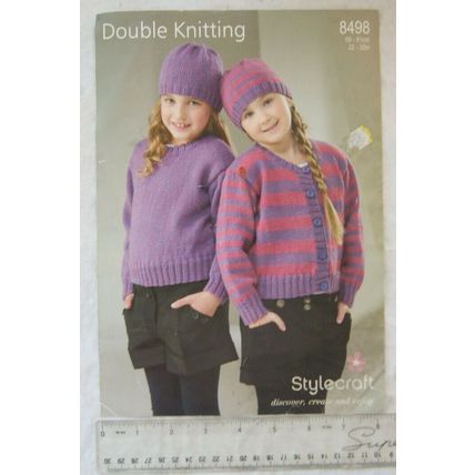 Vintage: Stylecraft 8498 sweater, cardigan & hats, DK, 22-32 inch, 56-81 cm