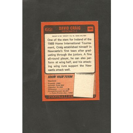A&BC Orange Back Football 1970-71 #101 David Craig Newcastle