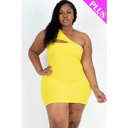 Plus Size Ribbed One Shoulder Cutout Front Casual Mini Bodycon Dress