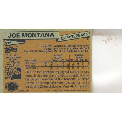 JOE MONTANA ROOKIE 1981 AUTOGRAPHED SAN FRANCISCO 49ERS HOF SUPER BOWL CHAMPION