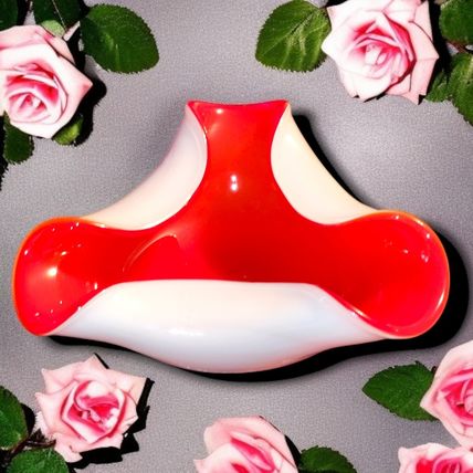 Wales Japan Red White Cased Glass Ashtray Dish Bowl MCM Vintage