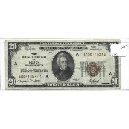 1929 US Bank of Boston $20.00 Bill VF