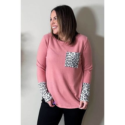 Pink Leopard Cuffs Brushed Plus Size Top