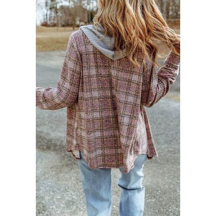 Purple Plaid Contrast Hooded Drawstring Shacket